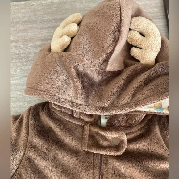 Carter's Moose Brown Warm Hooded One Piece Footed Zip Mittens Snowsuit 3 Months - Picture 2 of 8